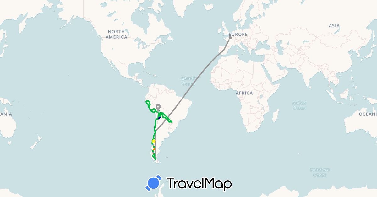 TravelMap itinerary: driving, bus, plane, hiking, boat, hitchhiking in Argentina, Bolivia, Brazil, Chile, Spain, France, Peru, Paraguay (Europe, South America)